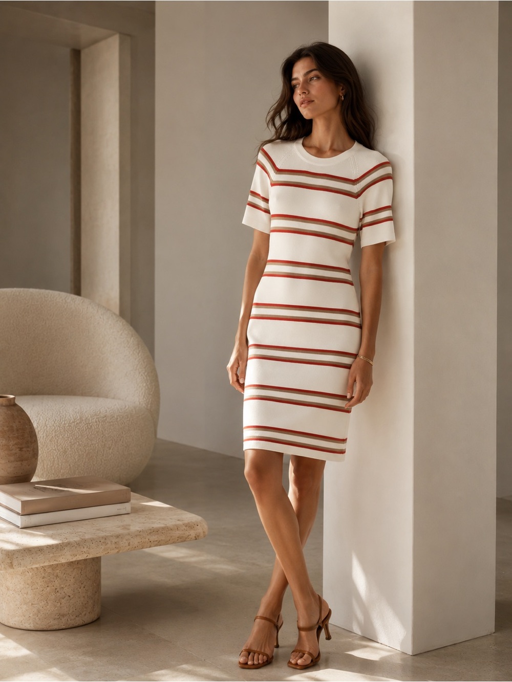 NWT ALC‎ Thompson Dress Rayon Knit Short Sleeve Crew Nk Bodycon Striped LARGE